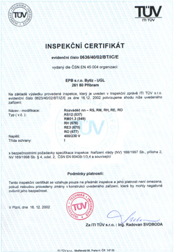 Inspekční certifikát - rozvaděče